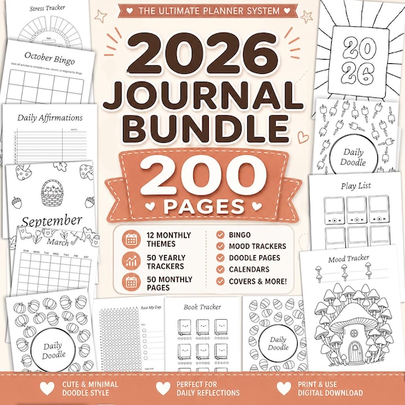 2026 Bullet Journal Kit, 200+ Page Printable Journal Bundle 2026 | Monthly Planner Trackers Bingo Mood Doodle | Instant Download