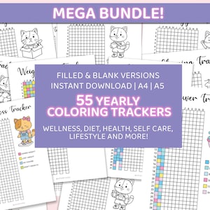 2025 Bullet Journal Trackers, 55-Page Tracker Bundle, Yearly Coloring Wellness & Habit Trackers, BUJO Planner, Cute Illustrated Pages, PDF