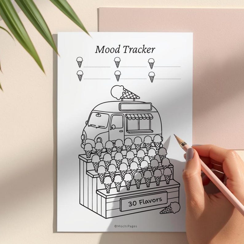 May include: Black and white illustration of an ice cream truck with the text "Mood Tracker" at the top. The truck is surrounded by ice cream cones, with the words "30 Flavors" on the front.
