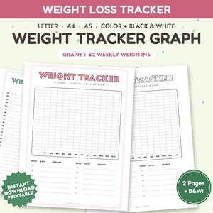 Gewichtstracker zum Ausdrucken, Gewichtsverlustdiagramm, wöchentliches Wiegeprotokoll, Fitness-Tagebuchseiten, Gesundheitsplaner, Farbe & Schwarzweiß, A5, A4, Letter