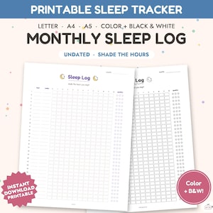 Può includere: Un registro mensile del sonno stampabile con griglie non datate per ombreggiare le ore di sonno. Il documento include il testo PRINTABLE SLEEP TRACKER, MONTHLY SLEEP LOG, UNDATED, SHADE THE HOURS, INSTANT DOWNLOAD PRINTABLE e Color + B&W.