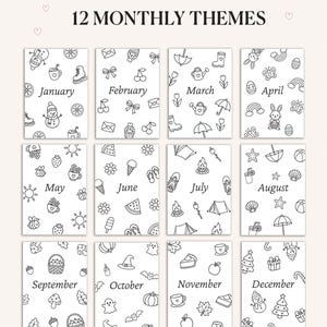 May include: Twelve illustrated cards with monthly themes. Each card features a month's name and related drawings: January with a snowman, February with bows, March with a watering can, April with a bunny, May with bees, June with ice cream, July with a campfire, August with seashells, September with a basket, October with a pumpkin, November with a pie, and December with a Christmas tree.