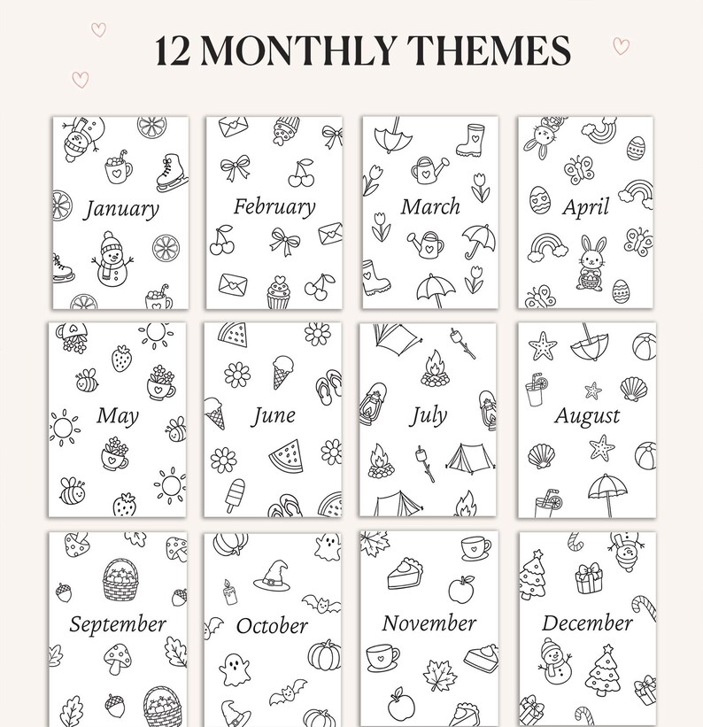 May include: Twelve illustrated cards with monthly themes. Each card features a month's name and related drawings: January with a snowman, February with bows, March with a watering can, April with a bunny, May with bees, June with ice cream, July with a campfire, August with seashells, September with a basket, October with a pumpkin, November with a pie, and December with a Christmas tree.