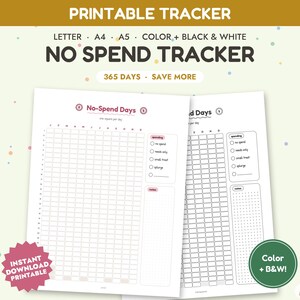 No Spend Tracker Printable, No Buy Challenge, Money Saving Tracker, Budget Bullet Journal Page, Color & Black White, A5 A4 Letter