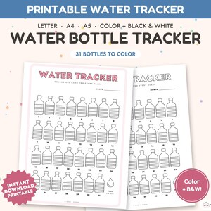 Könnte beinhalten: Ein ausdruckbares Wassertracker-Blatt mit dem Text WATER TRACKER und 31 Wasserflaschen-Symbolen zum Ausmalen. Das Dokument enthält ein Feld für den Monat und ein Wassertropfen-Symbol mit der Beschriftung GOAL 8 OZ. Erhältlich in Farbe und Schwarz-Weiß.