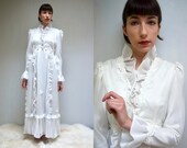 Vintage Boho 70s WEDDING DRESS . Puffy Long Sleeve Sheer Ruffle CHIFFON Bridal Gown