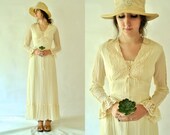 PRAIRIE WEDDING Dress . Vintage 70s Boho Gunne Sax Style Rustic Ivory Cotton Gauze Long Sleeve Corset Wedding Dress