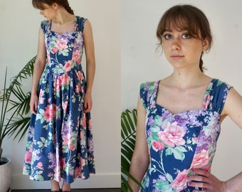 BLUE FLORAL Bridesmaid Dress . Vintage 80s CoTToN CHINTZ Cabbage Rose . CottageCore Bridesmaid Dress