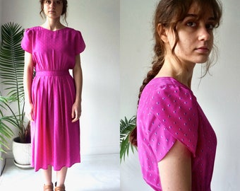 FuSCHIA Pink SILK Dress . Vintage 80s PUFF SLEEVE  Dress . Hot Pink Dress . Small