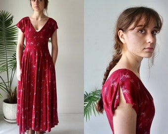 SCARLET RED Dress . Vintage 90s FLUTTER Sleeve Dress . Firecracker Print Dress . extra small womens