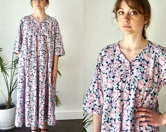 Cotton MUUMUU Kaftan Dress with Pockets . Vintage 80s Pink FLORAL Long Maxi Dress . Maternity Summer Dress