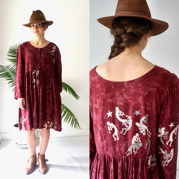 BATIK Dress with Pockets . Vintage 80s BABYDOLL Dress . Puff Sleeve Rayon MuuMuu Long Sleeve Red and Maroon Dress