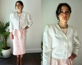 SILK LINEN CROPPED Blazer .  Vintage 80s Puff  Sleeve Jacket .  Womens White Bolero Jacket