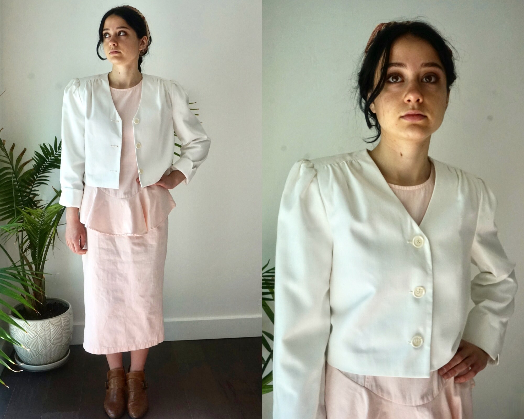 ジャケット・アウター 80s 90s ITALY silk linen blazer EURO Vintage 80s White Silk Linen Cropped Blazer Puff Sleeves Bolero