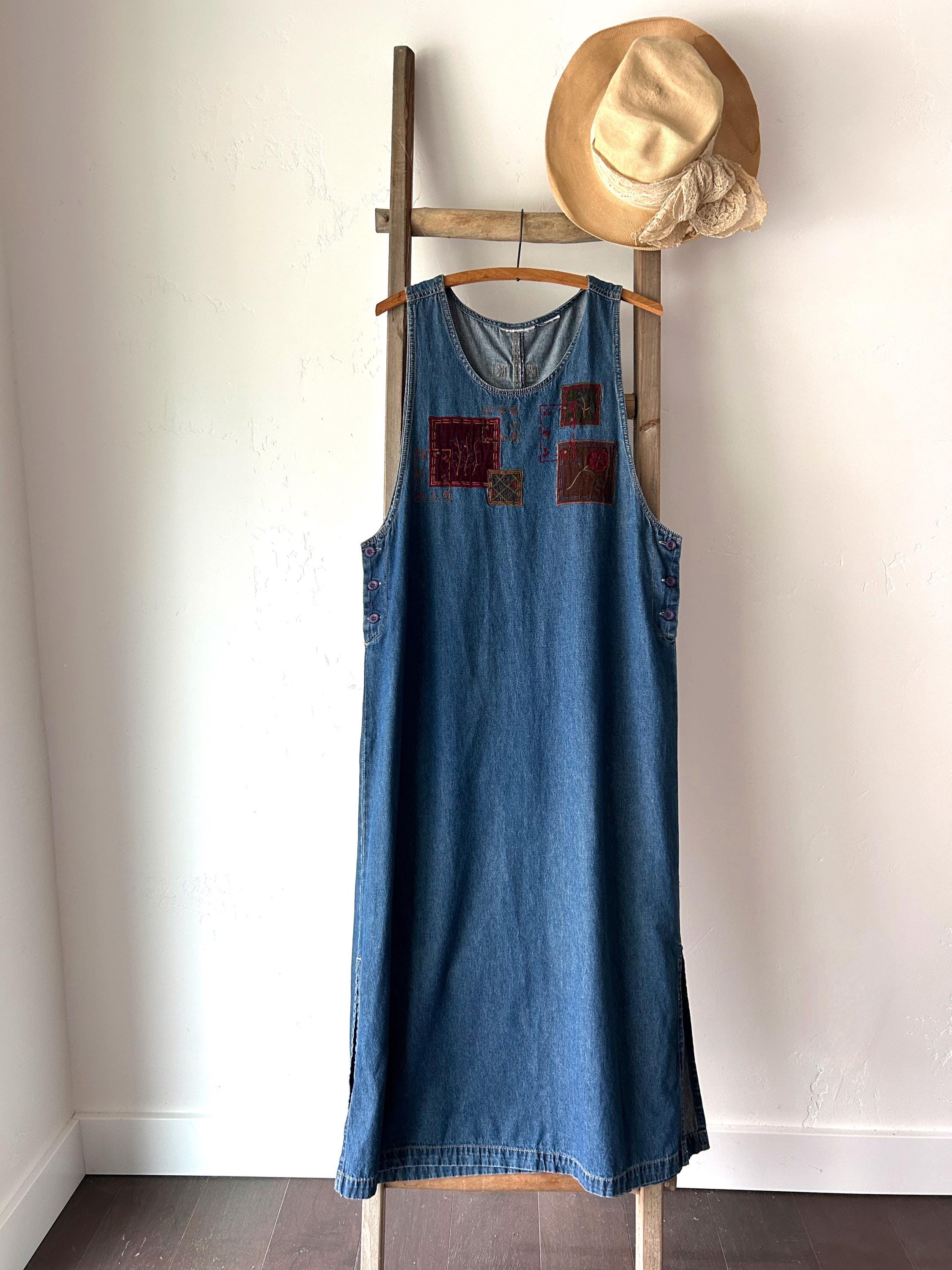 Vintage 90s Denim Overall Dress With Embroidered Flowers  Oversized Grunge Style  Jumper - Etsy