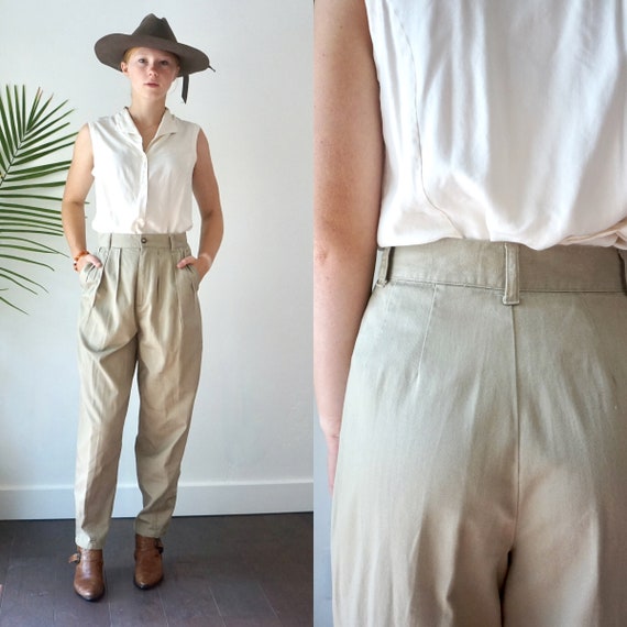 Womens KHAKI TROUSERS . Vintage 80s High Waisted PLEATED Pants
