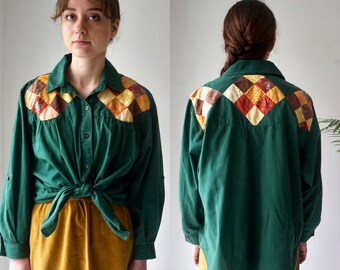 worn... Hand Made PATCHWORK Blouse . Vintage 70s COTTON Blouse . Green CoTToN Womens Shirt Top