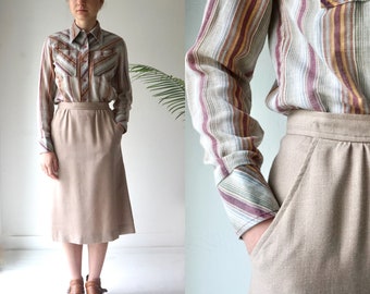 KHAKI Skirt . Vintage 80s MIDI PENCIL Skirt . High Waisted Pencil Skirt