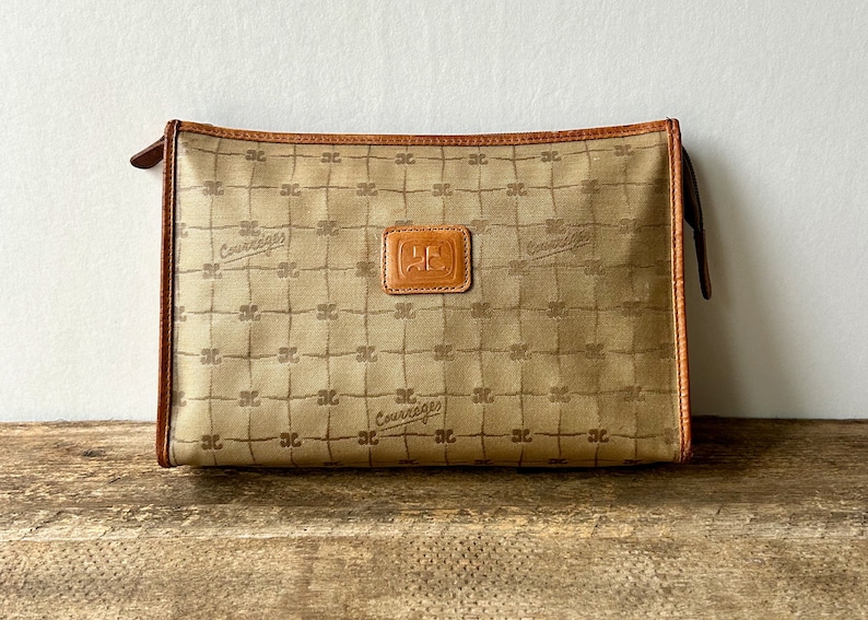 Vintage 70-tals Courreges canvasväska fransk designer kuvertväska läderdetaljer beige logotyp bild 1