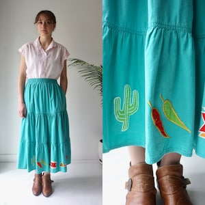 CACTUS Skirt . Vintage 80s Long WESTERN Skirt . Tiered MAXI Green Cotton Skirt with Pockets