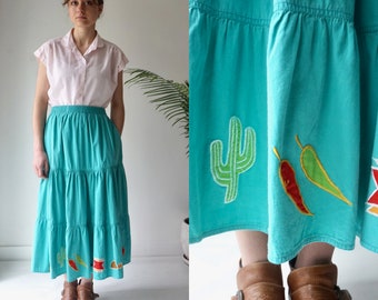 TIERED MAXI Skirt . Vintage 80s Long WESTERN Skirt  .  Green Cotton Skirt with Pockets