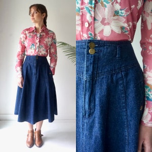 80s DENIM Skirt . Vintage Midi Denim Skirt with Pockets . Prairie High Waisted Western Blue Jean Skirt