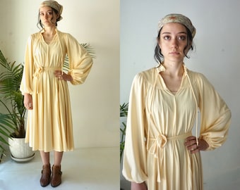 ButterCup Yellow TENT Dress . Vintage 70s PLEATED Dress . MuuMuu Style Long POET Sleeve Yellow Midi Dress