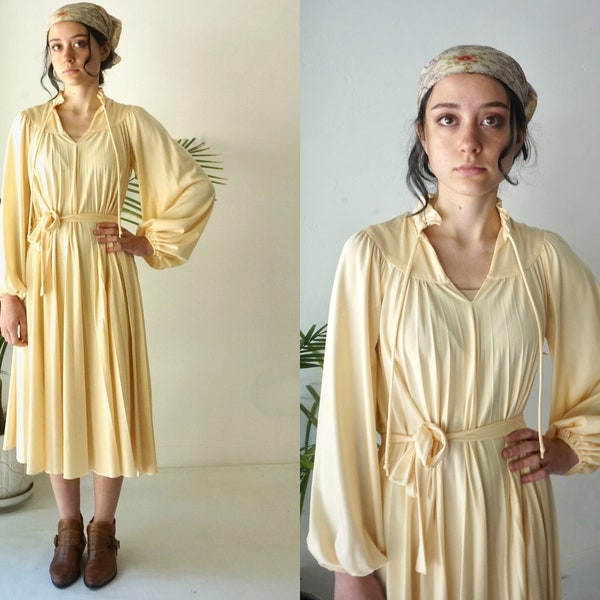 ButterCup Yellow TENT Dress . Vintage 70s PLEATED Dress . MuuMuu Style Long POET Sleeve Yellow Midi Dress