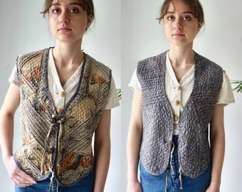 QUILTED Vest . PATCHWORK Boho Cotton Vest . Vintage 90s Reversible Southwest CACTUS Print . Womens Western Vest