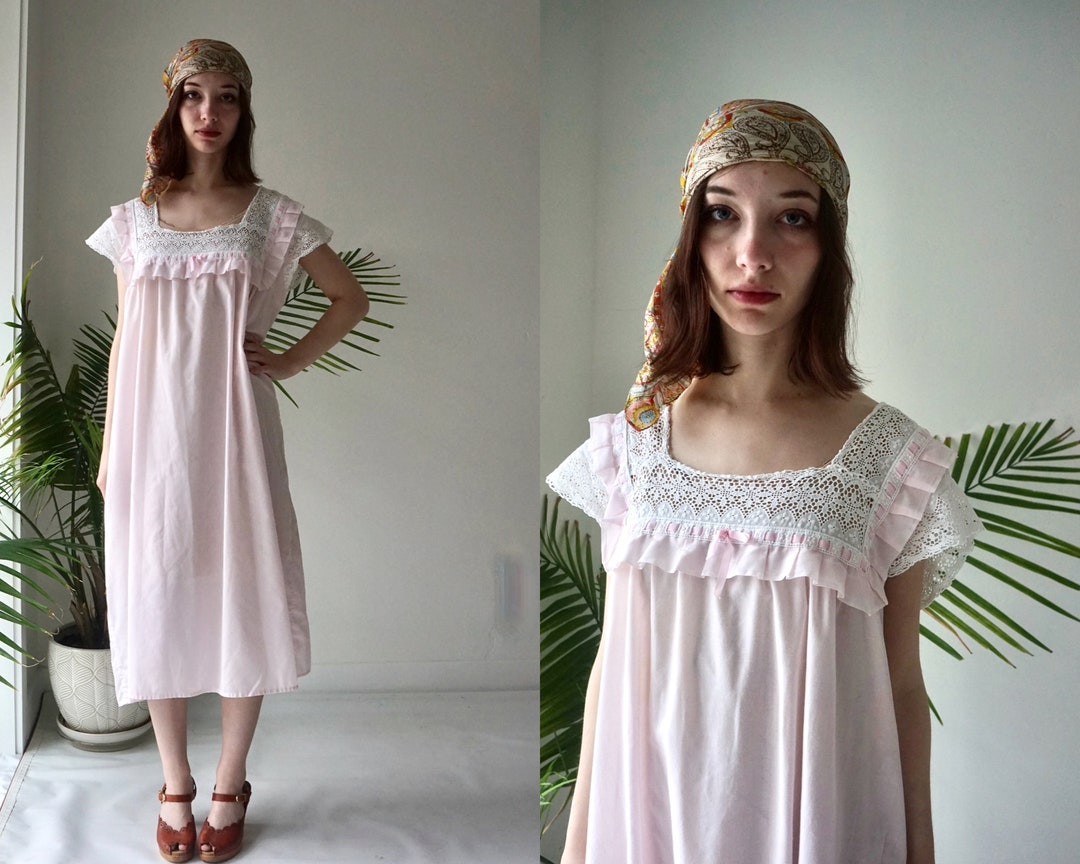 Vintage 70s COTTON Pink NIGHTGOWN . Hawaiian Muumuu Dress . COTTAGE ...