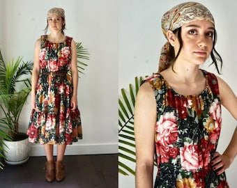 FLORAL PRAIRIE Dress  . Vintage 1970s Cotton SunDress . Boho Hippie Midi Sleeveless Dress