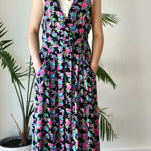 FLORAL OVERALL Dress with Pockets . Vintage 90s Sleeveless Dress . Womens Grunge Jumper Dress image 3