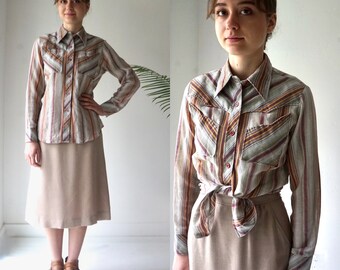 GAUZE Blouse . Vintage 70s STRIPED Blouse . Hippie Western Long Sleeve Cotton Womens Summer Shirt Top