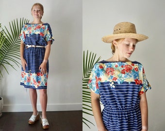 CoTToN MiDi Dress . Vintage 70s Blue Striped ShirtDress . Cap Sleeve Floral Large Dress