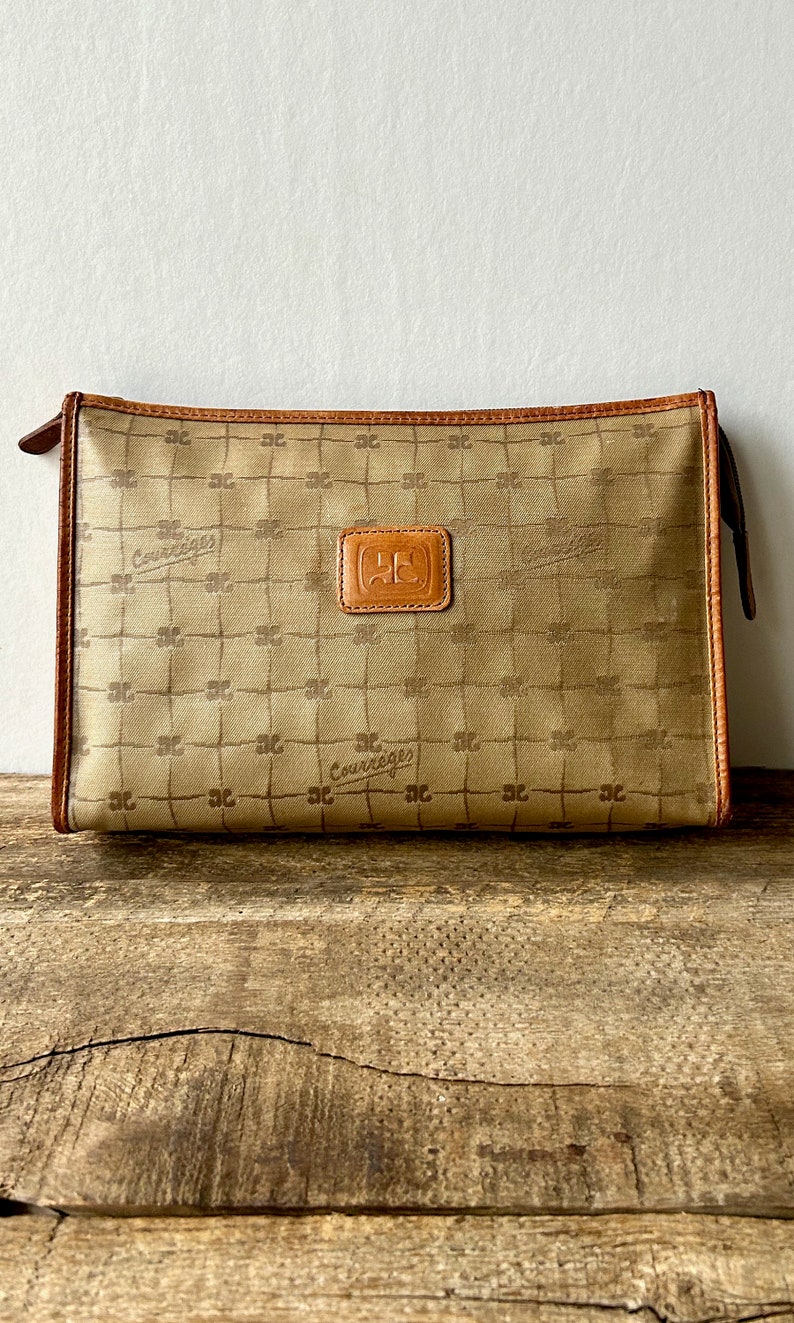 Vintage 70-tals Courreges canvasväska fransk designer kuvertväska läderdetaljer beige logotyp bild 6