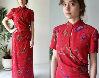 CHEONGSAM Dress . Vintage 90s LONG MAXI Dress . Keyhole Neckline Dress . Mandarin Collar Red Floral Dress. Medium