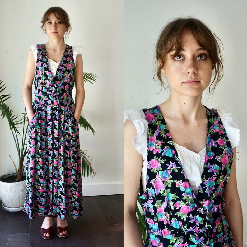 FLORAL OVERALL Dress with Pockets . Vintage 90s Sleeveless Dress . Womens Grunge Jumper Dress image 1