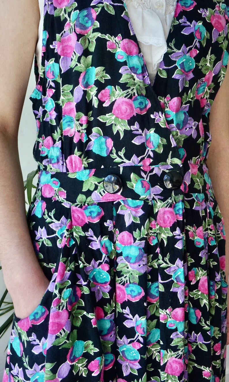 FLORAL OVERALL Dress with Pockets . Vintage 90s Sleeveless Dress . Womens Grunge Jumper Dress image 2