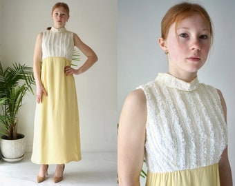 Summer Formal Dress . YELLOW Bridesmaid Dress . Vintage 60s Sleeveless Lace Ruffle Long Maxi Dress