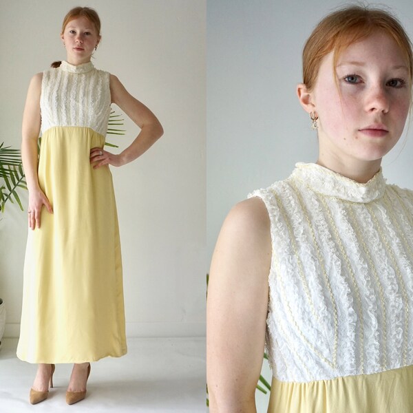 Summer Formal Dress . YELLOW Bridesmaid Dress . Vintage 60s Sleeveless Lace Ruffle Long Maxi Dress