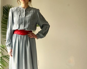 imperfect...  . Grey Silver SILK Dress . Vintage 80s ORIGaMI Dress .  PUFF SLEEVE  Dress . PLEATeD Silk Dress