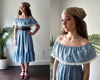 imperfect... WESTERN PRAIRIE Dress . Vintage 70s OFF the Shoulder Dress . Cotton Calico Dress