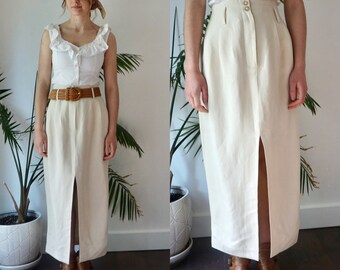 LONG LINEN Skirt . Vintage 90s PENCIL Skirt . High Waisted Ivory Midi Skirt