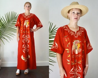 Vintage 80s Egyptian Kaftan Dress | Red Embroidered Hippie Ethnic Long Maxi