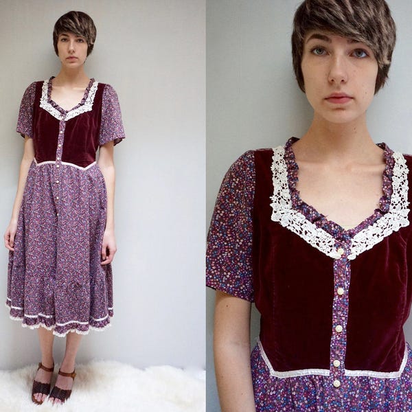 Dirndl Dress  //  Calico Velvet Dress  //  Gunne Sax Style Dress  //  PRAIRIE VELVET