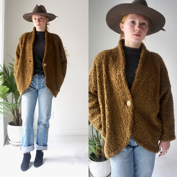 MOHAIR Wool Sweater with Pockets. Vintage 60s BOUCLE Cardigan .  FUZZY Womens Green Sweater Coat . Oversized Cardigan Jacket