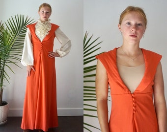 Empire Waist Dress . BURNT ORANGE Dress . Vintage 70s MAXI Dress . Deep V Neck Dress  . Bridesmaid Dress .