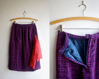 BERRY MAGENTA Skirt . High Waist Skirt with Pockets . Vintage 60s Midi Skirt . Wool Tweed Pencil Skirt