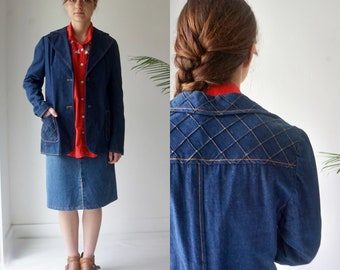 70s Jean Jacket .  Vintage 70s DENIM Jacket Blazer . Western Dark Wash Womens Jean Jacket