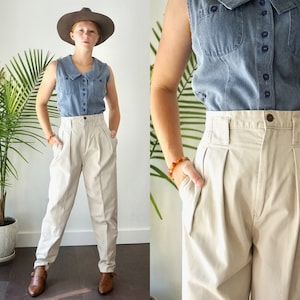 High Waisted PLEATED Pants . Vintage 80s Womens KHAKI TROUSERS .  Baggy Cotton Tapered Peg Leg Trousers